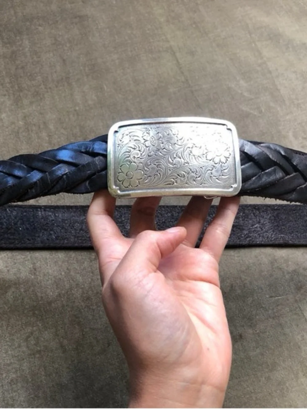 90s Y2K Braided Woven Brown Leather Chunky Belt w/ Silver Floral Engraved Buckle